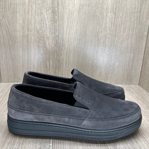 Prada Suede Slip-On Sneakers Size 37.5 Low Top Elastic Side Gores Round Toe Gray - Picture 1 of 13